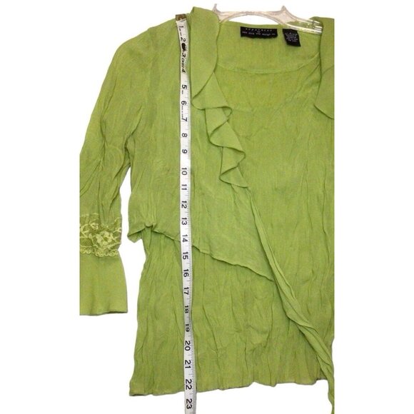 Womens Blouse Green Crinkle Lace 3/4 Sleeves Ruffles Tie Front Brat Vacay Beachy - Picture 3 of 9